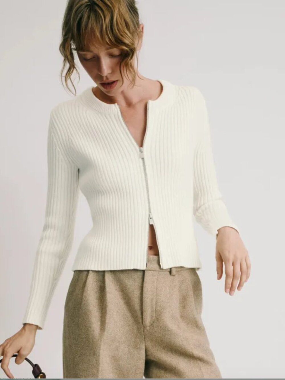 ROSETTA GETTY  Crew Neck Zip Front Cardigan